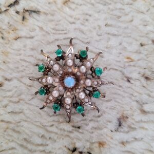 Elegant Pearl and Green Gem Brooch
